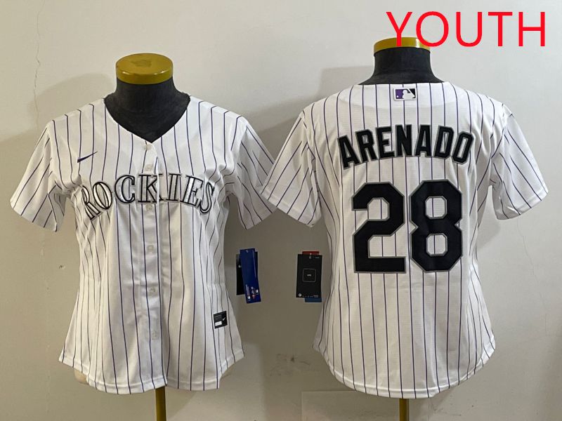 Youth Colorado Rockies #28 Arenado White Stripe Game 2025 Nike MLB Jersey style 1->youth mlb jersey->Youth Jersey